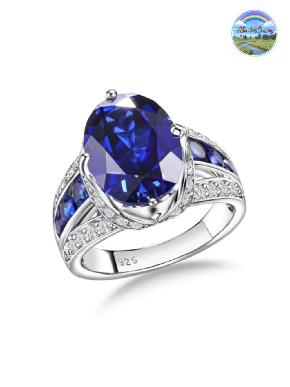 925 Sterling Silver Halo Ring with Created Sapphire, 18k White Gold Plated,